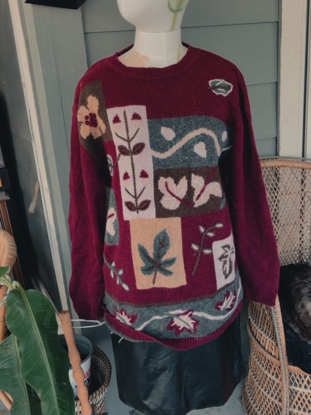 Vintage Burgundy Floral Patchwork Sweater